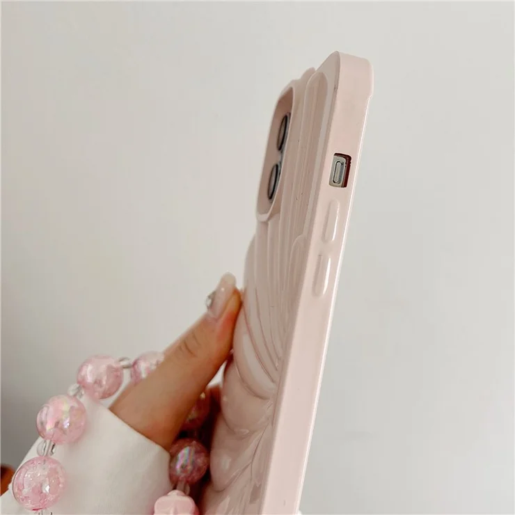 For iPhone 15 Pro TPU Case Seashell Shape Glossy Phone Cover with Chain Hand Strap - Beige
