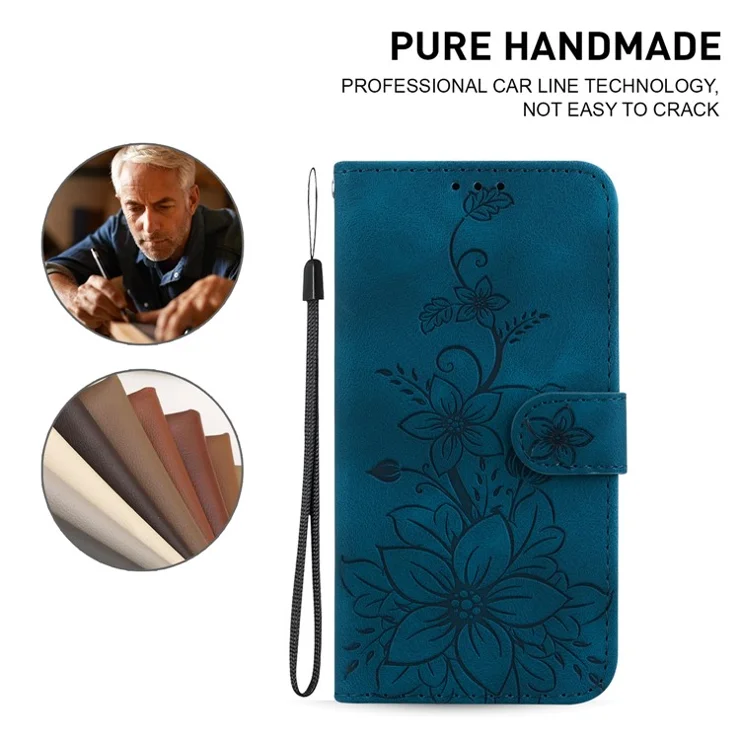 For Sony Xperia 5 VI Case with Hand Strap PU Leather Flower Phone Cover - Dark Blue