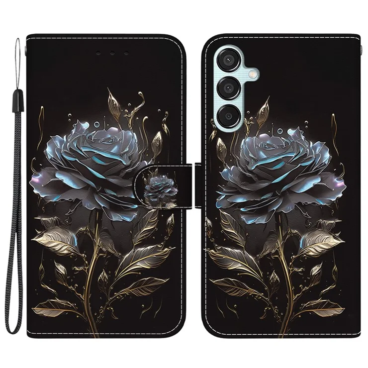 For Samsung Galaxy M15 5G / F15 5G Case Wallet Pattern Print Leather Phone Cover - Black Rose