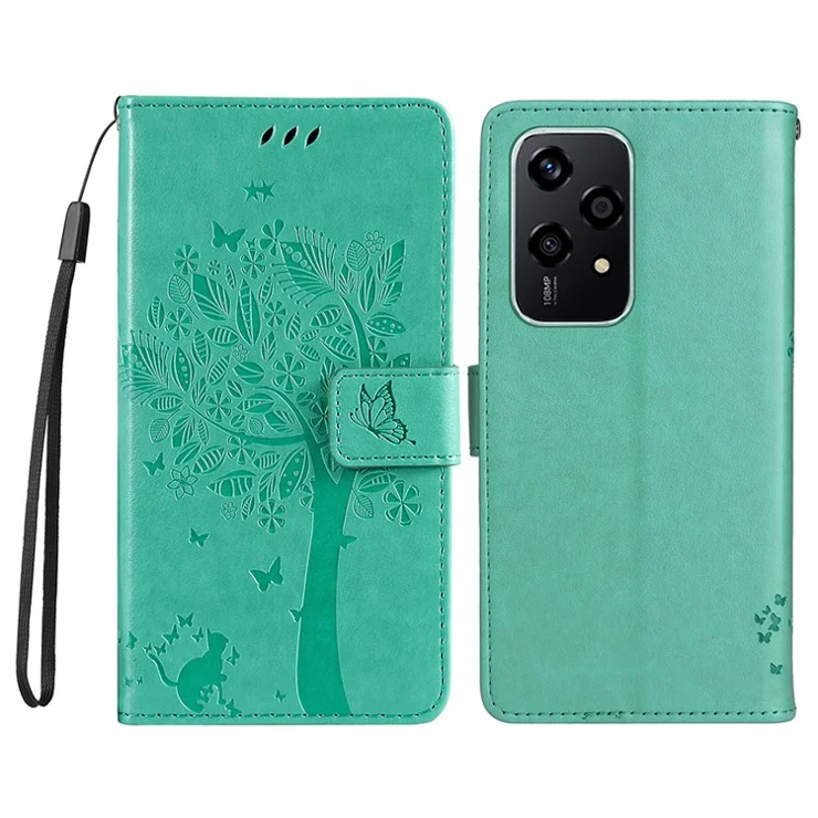 For Honor 200 Lite Phone Case with Stand Cat Tree Pattern Leather Wallet Mobile Cover - Green