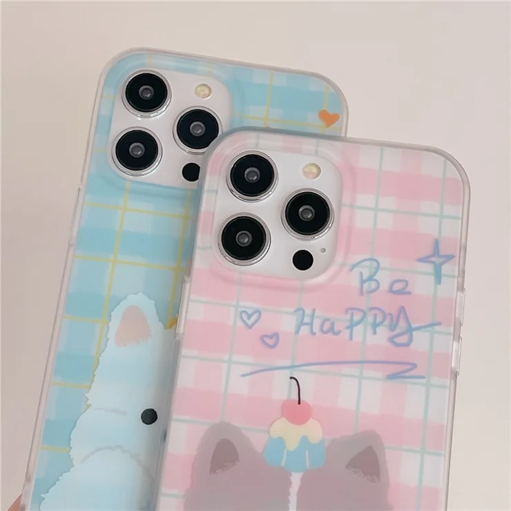 For iPhone 13 Pro Case IMD Cartoon Animal Pattern Plaid TPU Phone Cover - Blue