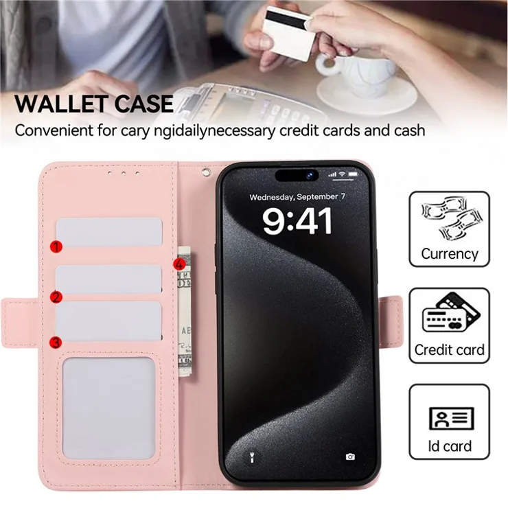 ABEEL For iPhone 16 Pro Max Leather Case RFID Blocking Wallet Stand Phone Cover - Pink