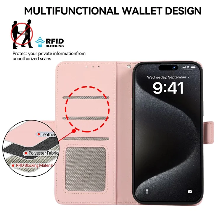 ABEEL For iPhone 16 Plus Case Leather Phone Cover with RFID Blocking Wallet - Pink