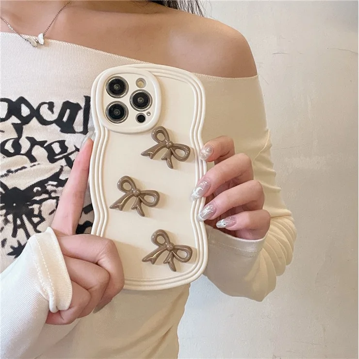 For iPhone 14 Pro Cell Phone Cases Three Bowknot Decor Wavy Edge Soft TPU Cover - White