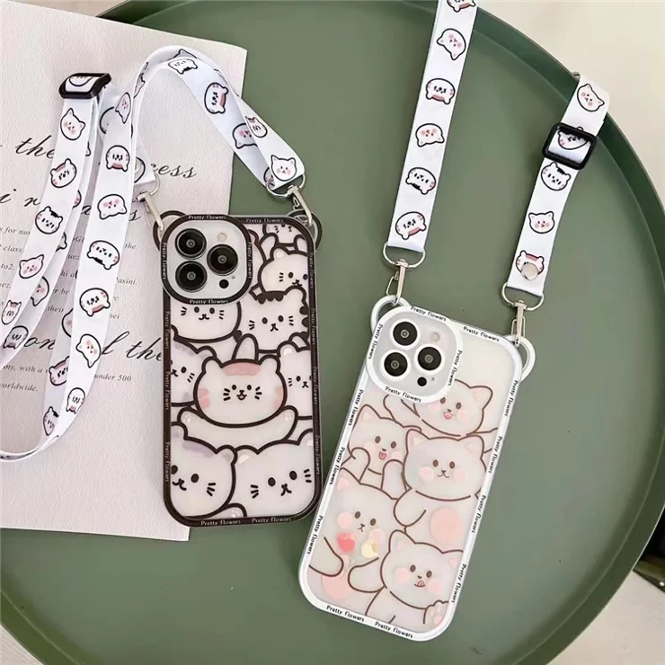 For iPhone 13 Pro Case with Shoulder Strap Cartoon Animal PC+TPU Phone Cover - Black