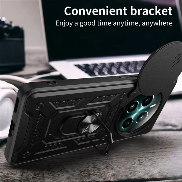 For Realme 12 4G / 12+ 5G Case PC+TPU Kickstand Phone Cover with Slide Lens Protector - Silver