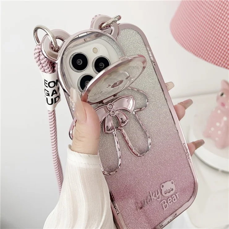 For iPhone 15 Pro Phone Case Electroplated TPU Cover with PC Kickstand+Long Strap - Blue