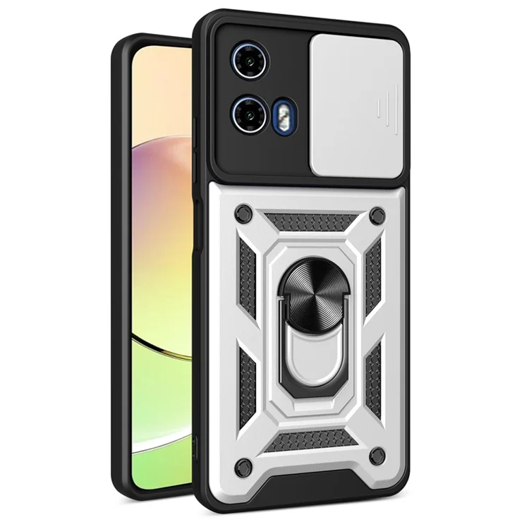 For Motorola Moto G04 4G / G24 4G Phone Shell PC+TPU Back Cover with Lens Protector + Kickstand - Silver