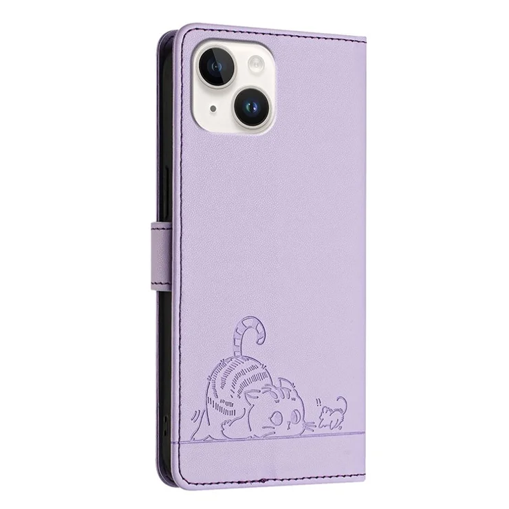 For iPhone 13 / 14 Case with Strap RFID Blocking Leather Wallet Phone Cover Cat Mouse Pattern - Purple