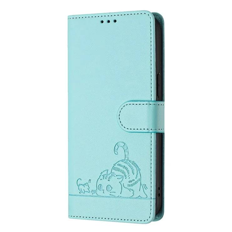 For iPhone 13 Pro Max Case with Strap RFID Blocking Leather Wallet Phone Cover Cat Mouse Pattern - Mint Green