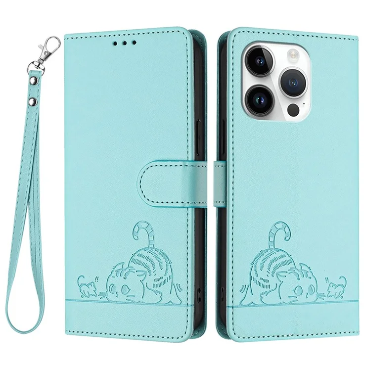 For iPhone 14 Pro Case with Strap RFID Blocking Leather Wallet Phone Cover Cat Mouse Pattern - Mint Green