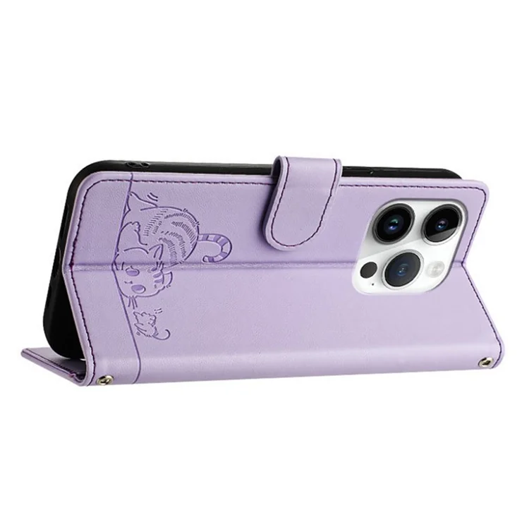 For iPhone 14 Pro Case with Strap RFID Blocking Leather Wallet Phone Cover Cat Mouse Pattern - Purple