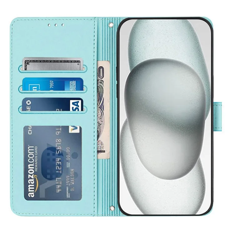 For iPhone 15 Pro Case with Strap RFID Blocking Leather Wallet Phone Cover Cat Mouse Pattern - Mint Green