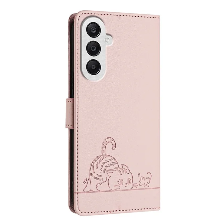 For Samsung Galaxy A25 5G (Global) (161.0 x 76.5 x 8.3mm) Case with Strap RFID Blocking Leather Wallet Phone Cover Cat Mouse Pattern - Pink
