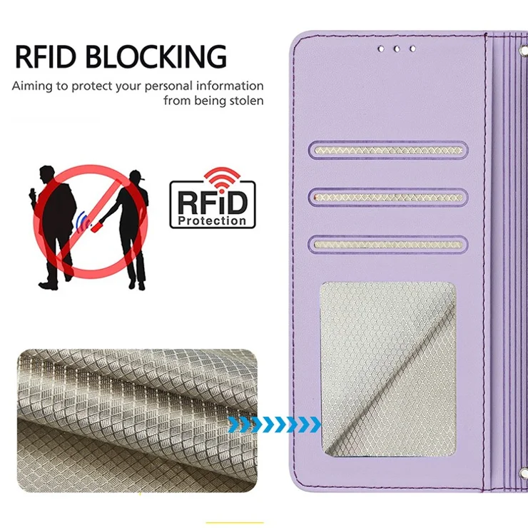 For Samsung Galaxy A34 5G Case with Strap RFID Blocking Leather Wallet Phone Cover Cat Mouse Pattern - Purple
