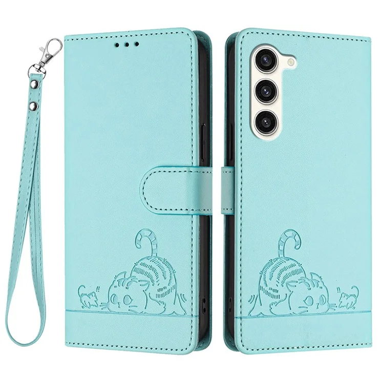 For Samsung Galaxy S23 Case with Strap RFID Blocking Leather Wallet Phone Cover Cat Mouse Pattern - Mint Green