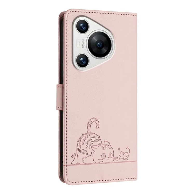 For Huawei Pura 70 Case with Strap RFID Blocking Leather Wallet Phone Cover Cat Mouse Pattern - Pink