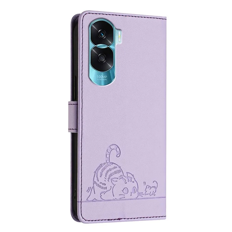 For Honor 90 Lite 5G / X50i 5G Case with Strap RFID Blocking Leather Wallet Phone Cover Cat Mouse Pattern - Purple