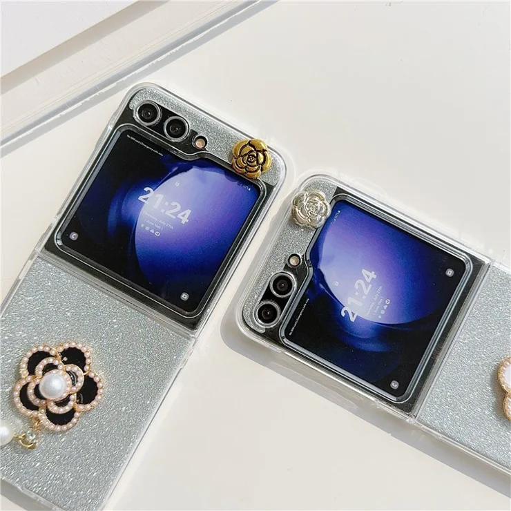 For Samsung Galaxy Z Flip5 5G Case Pearl Pendant Camellia Decor PC Phone Cover with Glitter Paper - Black