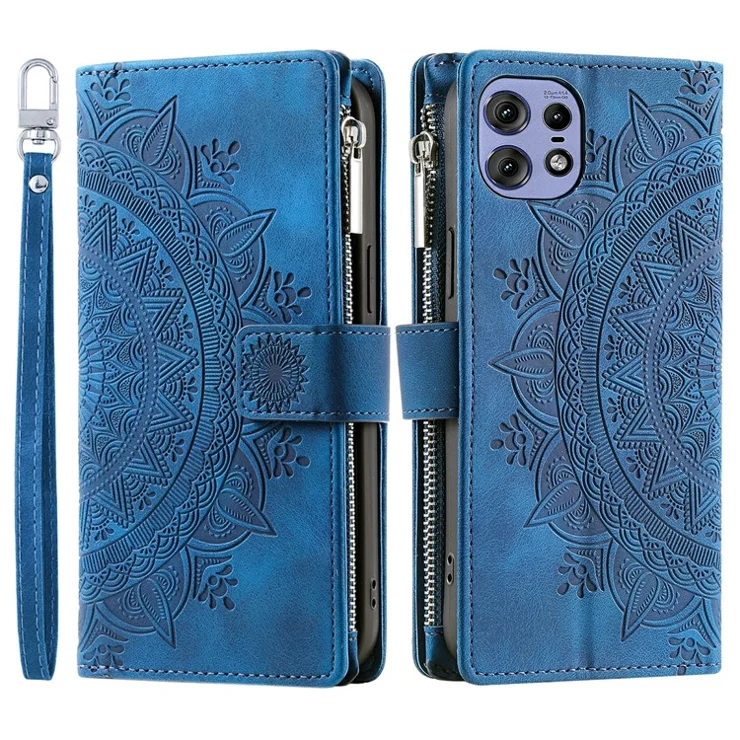 006 For Motorola Edge 50 Pro 5G Case Mandala Flower Leather Flip Zipper Stand Phone Cover - Blue