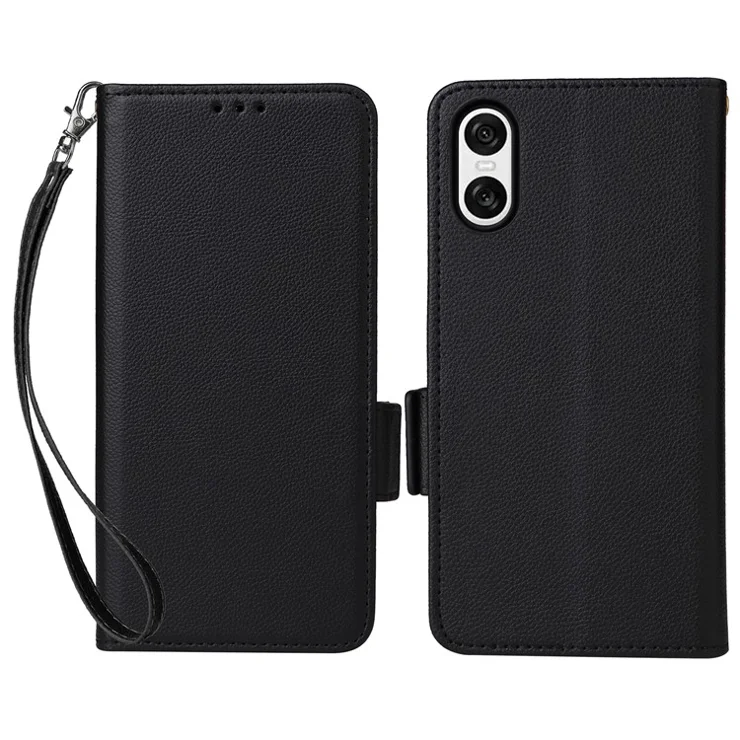 For Sony Xperia 10 VI Case with Wrist Strap Litchi Texture PU Leather Wallet Phone Cover - Black