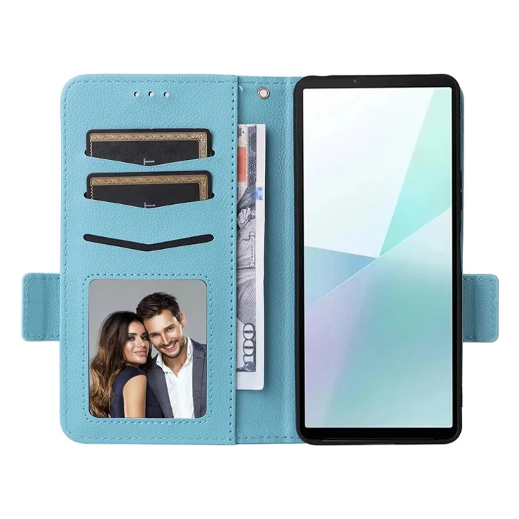 For Sony Xperia 10 VI Case with Wrist Strap Litchi Texture PU Leather Wallet Phone Cover - Baby Blue