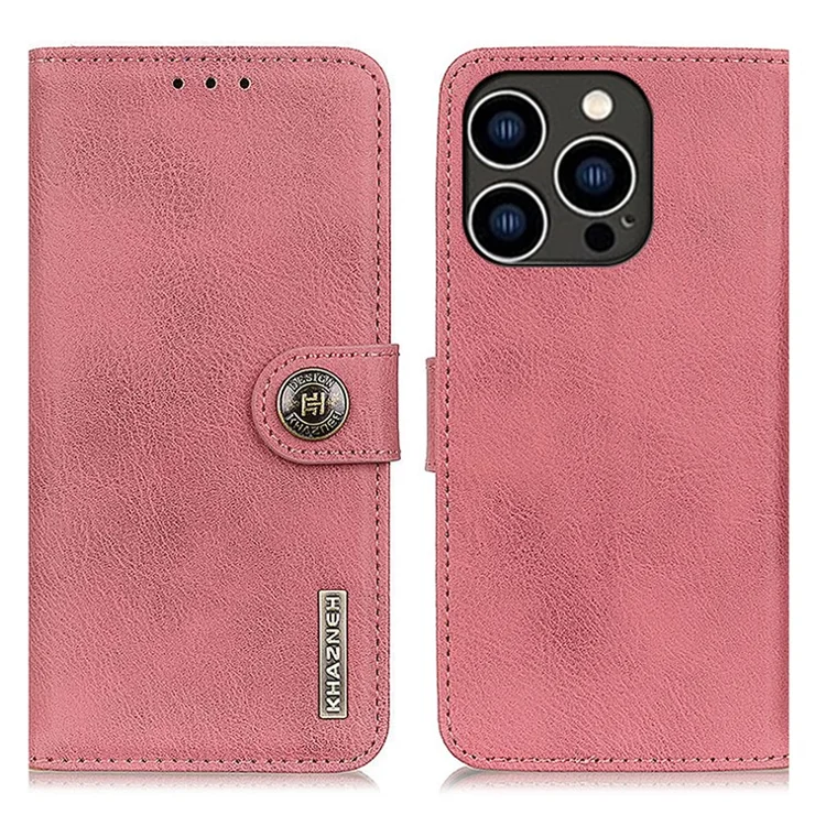 KHAZNEH For iPhone 16 Pro Wallet Case Cowhide Texture Leather Phone Cover - Pink
