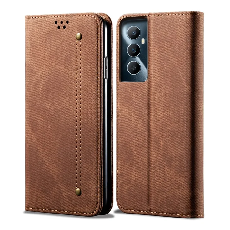 For Realme C65 4G Case Leather Jeans Cloth Texture Folio Flip Phone Cover - Coffee