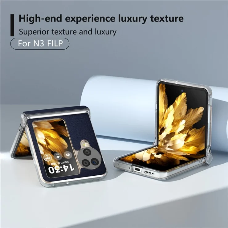 For Oppo Find N3 Flip 5G Case Hinge Protection Leather+PC Clear Frame Phone Cover - Dark Blue