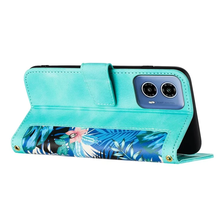 For Motorola Moto E14 4G / G04 4G / G04s 4G / G24 4G Phone Case with Card Holder Flower Pattern PU Leather Flip Cover - Green
