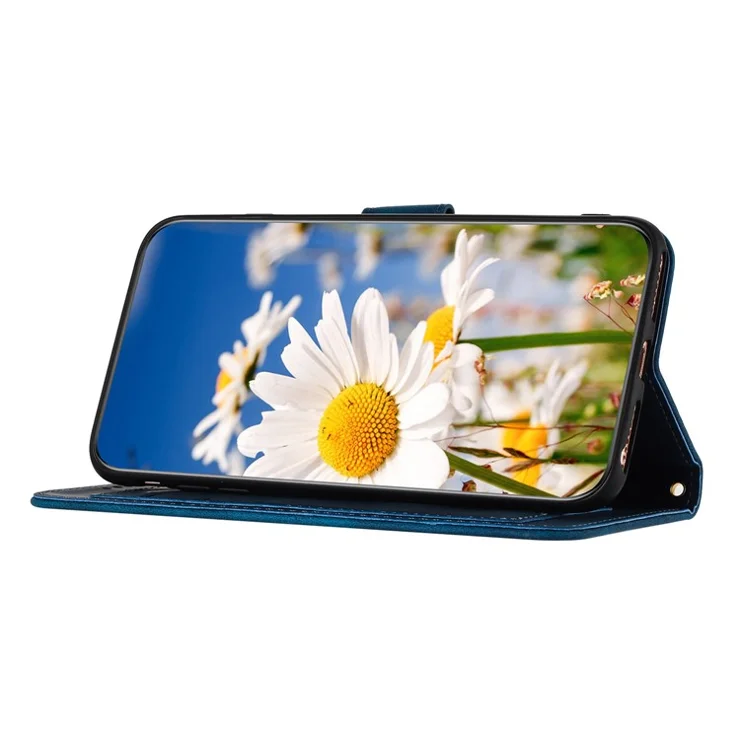 For Motorola Moto E14 4G / G04 4G / G04s 4G / G24 4G Phone Case with Card Holder Flower Pattern PU Leather Flip Cover - Dark Blue