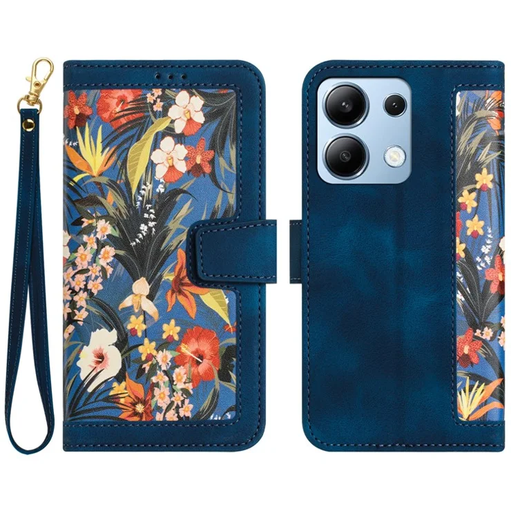For Xiaomi Redmi Note 13 4G Case Printed Flower Pattern PU Leather Wallet Phone Cover - Dark Blue