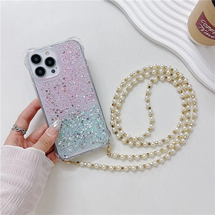 Phone Case for iPhone 15 Pro TPU+Acrylic Dual-Color Back Cover with Pearl Long Strap - Pink+Green