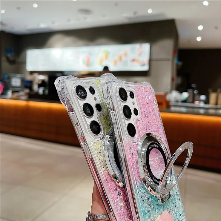 For Samsung Galaxy S23 Ultra TPU+Acrylic Case Gradient Phone Cover Compatible with MagSafe Ring Kickstand - Silver+Pink