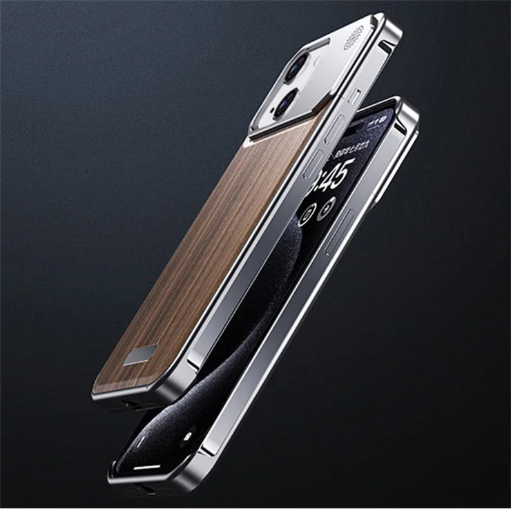 For iPhone 15 Case Aromatherapy Aluminium Alloy+Walnut Slim Phone Cases - Black Wood Texture