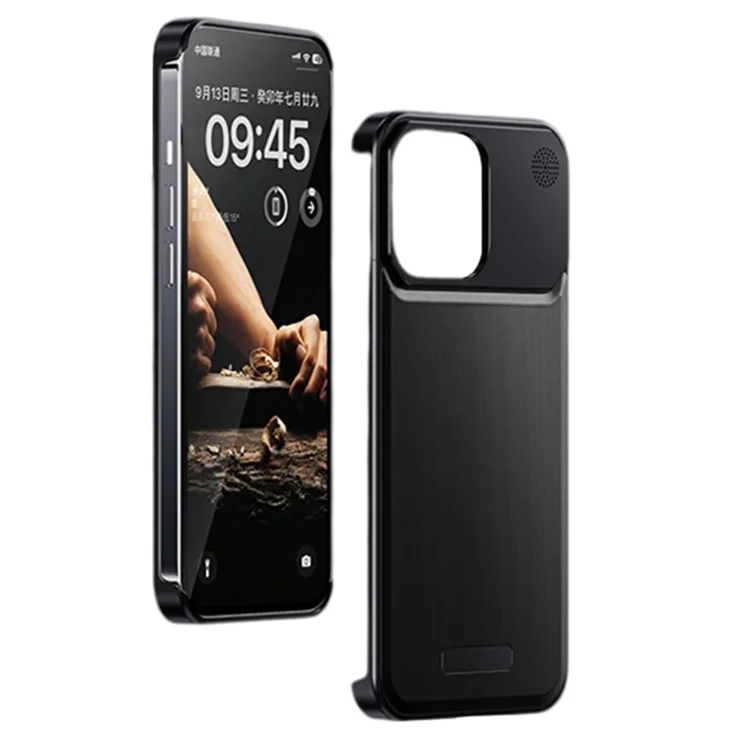 For iPhone 13 Case No Frame Aluminium Alloy+Walnut Phone Back Cover with Aromatherapy Tablet - Black Wood Texture