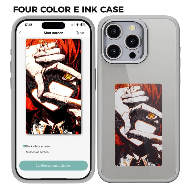 For iPhone 15 Pro Max Phone Case with E Ink Display 4-Color NFC DIY Phone Cover - Grey
