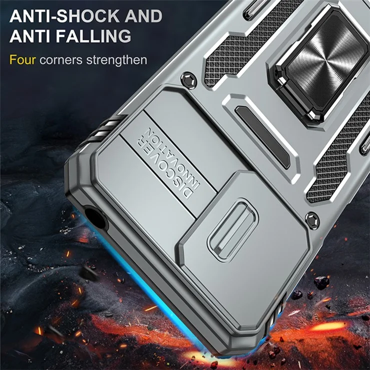 Armor Series For Motorola Moto G54 5G Case PC+TPU Kickstand Phone Cover with Slide Lens Protector - Grey