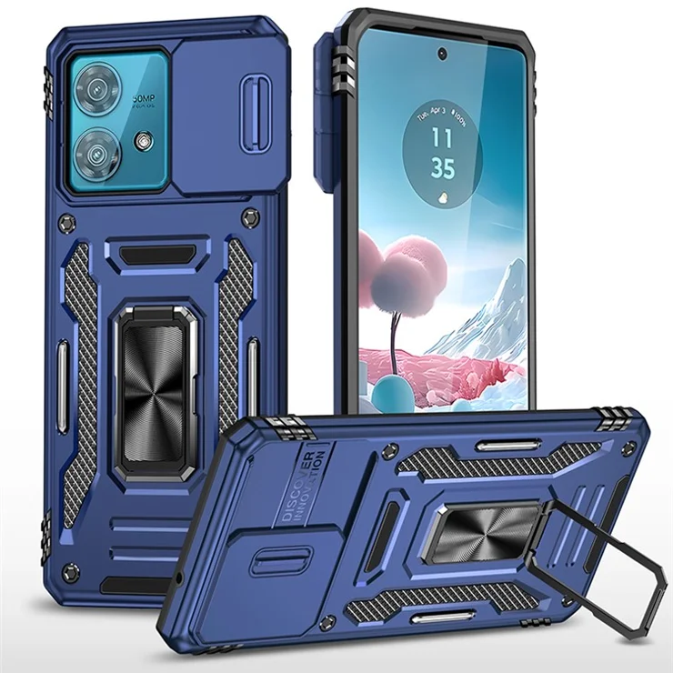 Armor Series For Motorola Edge 40 Neo 5G Case PC+TPU Phone Cover with Kickstand / Lens Shield - Navy Blue