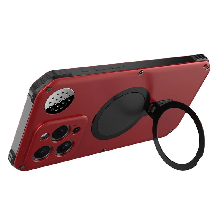 For iPhone 15 Pro Magnetic Case Kickstand Metal+TPU Aromatherapy Phone Cover with Tempered Glass Film - Red