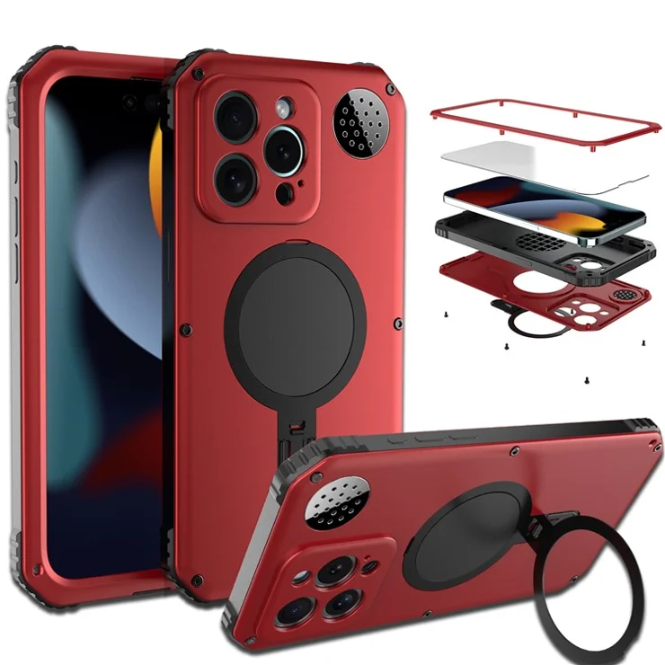 For iPhone 15 Pro Max Magnetic Case Kickstand Metal+TPU Phone Cover with Tempered Glass Film - Red