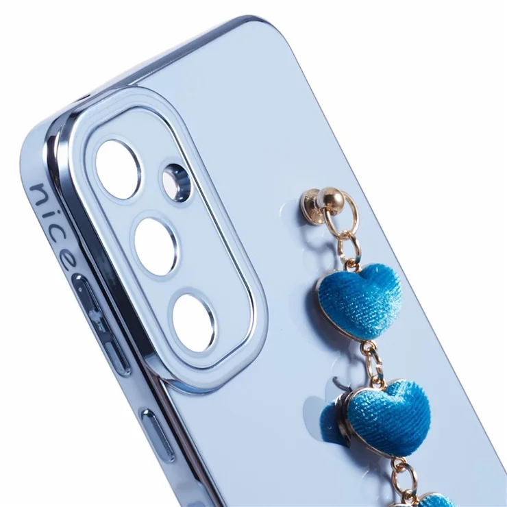 For Samsung Galaxy A55 5G Case Electroplating TPU Phone Cover Love Heart Pattern with Wrist Chains - Blue