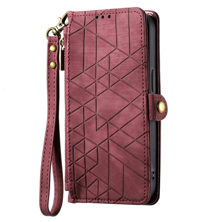For Sony Xperia 1 VI Zipper Wallet Case Geometry Lines Leather Phone Cover with Strap - Red