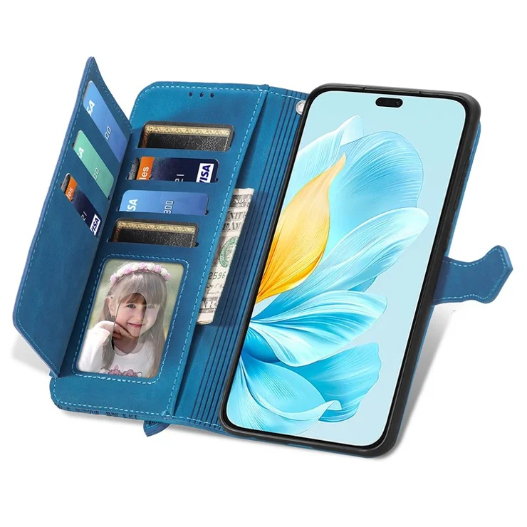 For Honor 200 Lite Zipper Wallet Case with Strap Flower Imprint PU Leather Phone Cover - Blue