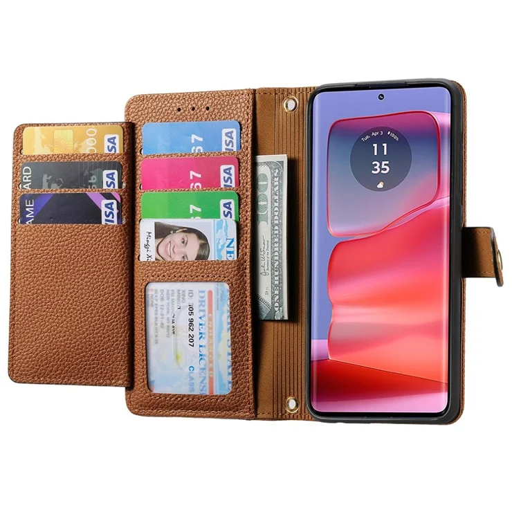 For Motorola Edge 50 Pro 5G Case Zipper Pocket Purse RFID Blocking Leather Phone Cover - Brown