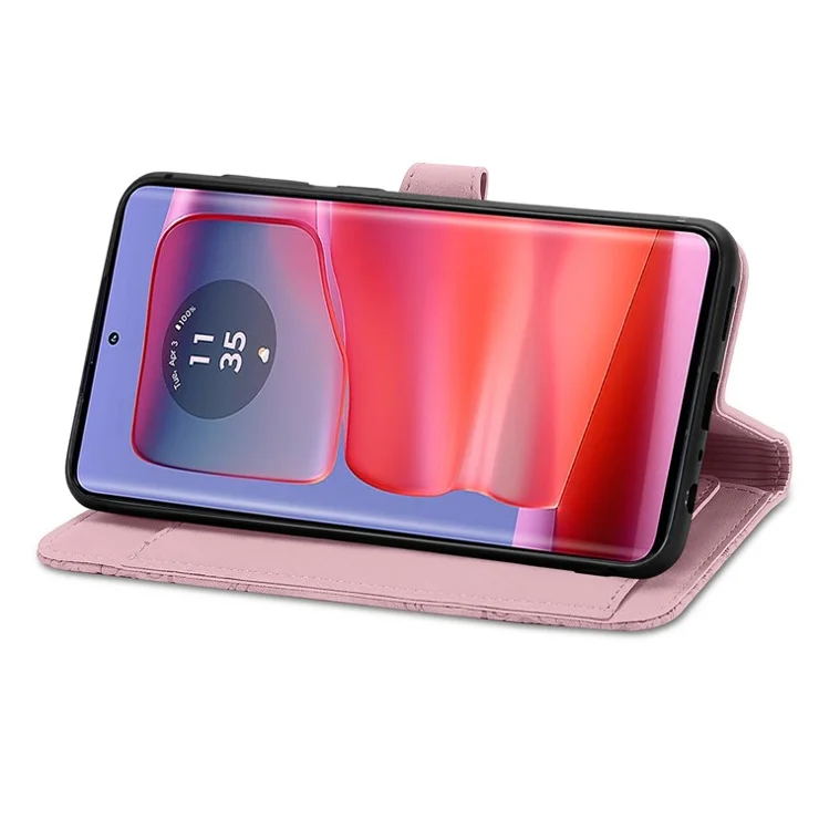 For Motorola Edge 50 Pro 5G Zipper Wallet Case with Strap Flower Imprint PU Leather Phone Cover - Pink