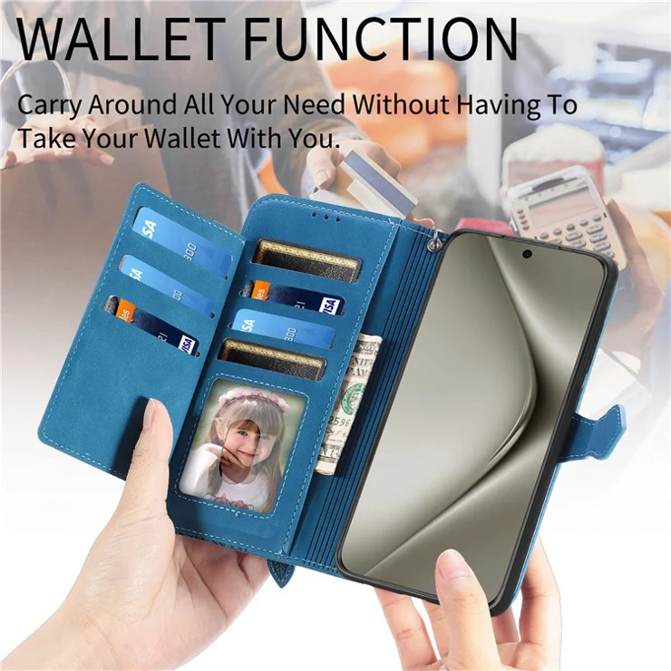 For Huawei Pura 70 Pro / Pura 70 Pro+ Zipper Wallet Case with Strap Flower Imprint PU Leather Phone Cover - Blue
