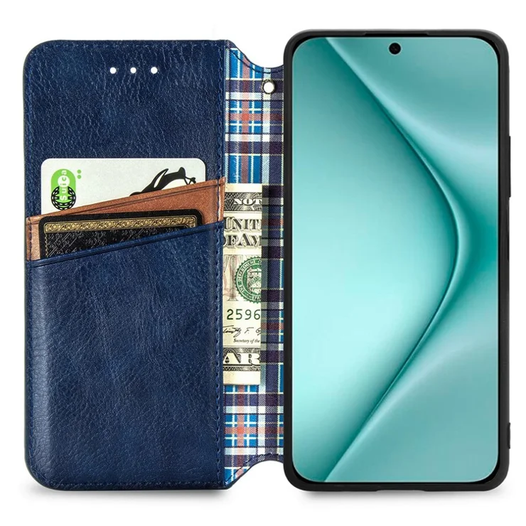 For Huawei Pura 70 PU Leather Case Rhombus Imprint Wallet Stand Phone Cover - Blue