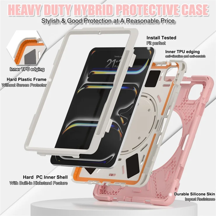 For iPad Pro 11 (2025) / 11 (2024) Shockproof Case Rotating Kickstand TPU+PC+Silicone Tablet Cover - Pink For iPad Pro 11 (2025) / 11 (2024) Shockproof Case Rotating Kickstand TPU+PC+Silicone Tablet Cover - Pink