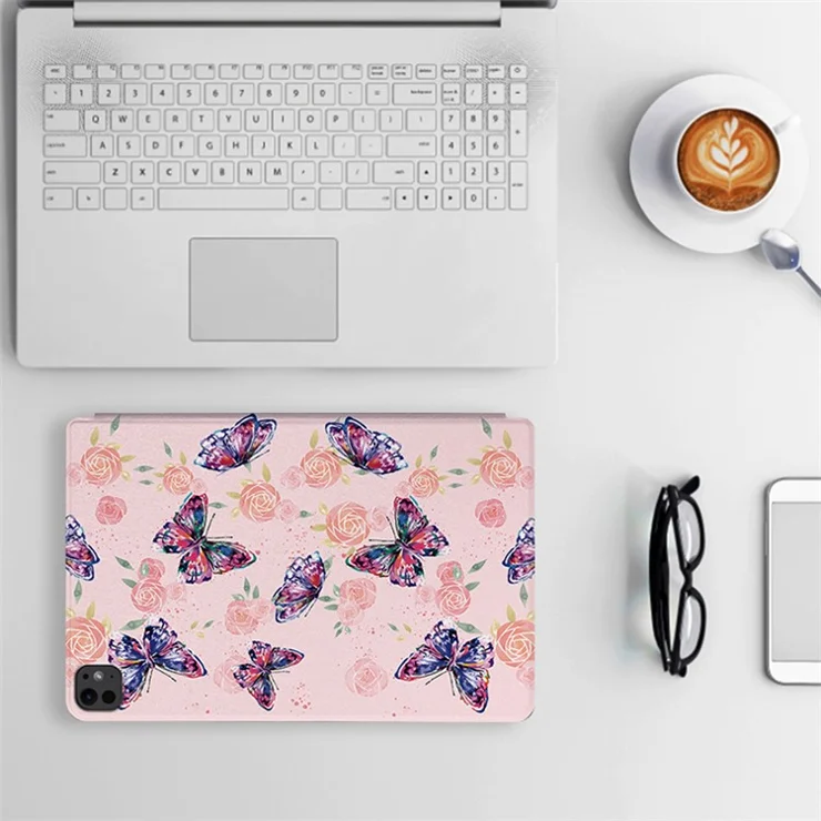 For iPad Pro 11 (2024) Case Butterfly Pattern PU Leather Smart Folio Tablet Cover - Flower Bush Butterfly